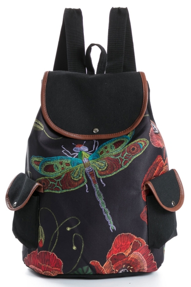 National Style Floral Dragonfly Printed Black School Backpack with Side Pockets 28*11*39 CM