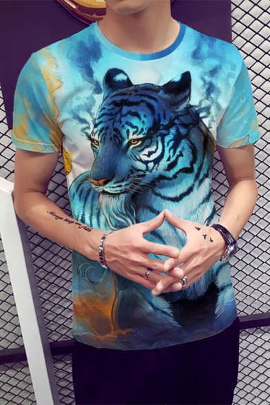 New Stylish 3D Tiger Print Short Sleeve Round Neck Blue Basic T-Shirt For Men