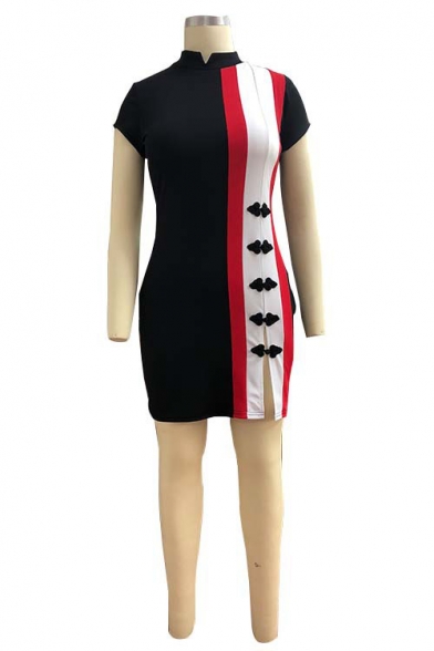New Stylish Colorblock Stripe Stand Collar Frog Button Split Front Mini Bodycon Dress