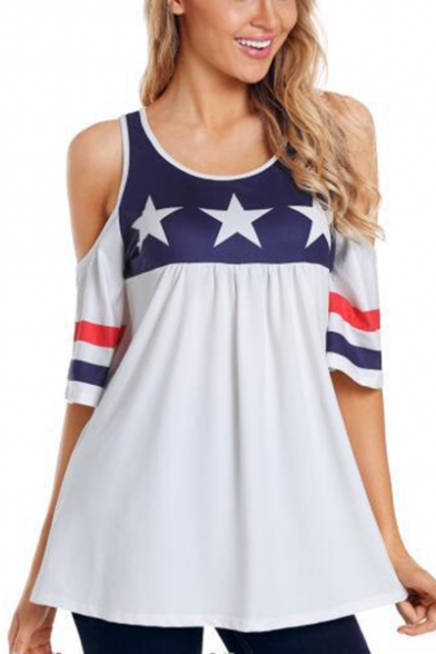New Stylish White Round Neck Cutout Half Sleeve Stars Print T-Shirt For Women