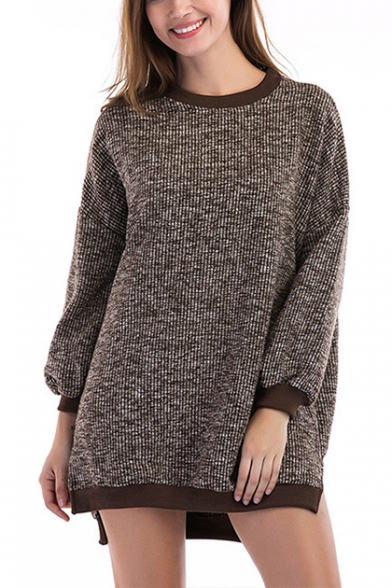 New Stylish Women's Solid Color Contrast Round Neck Long Sleeve Split Hem Longline Sweater