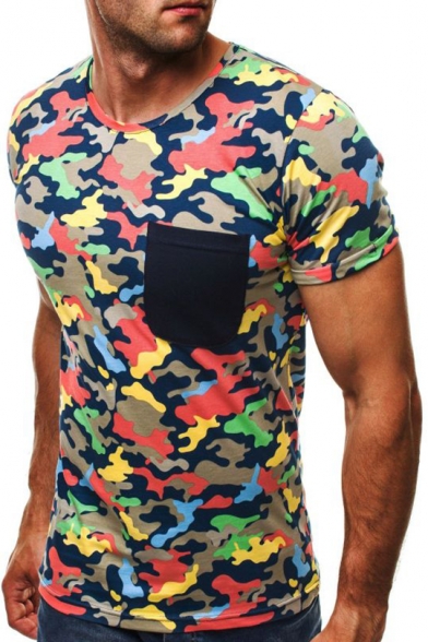 New Trendy Camouflage Pattern One Pocket Chest Short Sleeve Round Neck Slim Fit T-Shirt