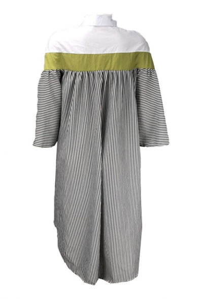 New Trendy Half Sleeve Plunge Neck Stripes Print Casual Loose Midi Asymmetric Dress For Women