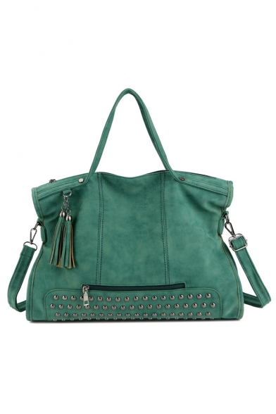 Popular Fashion Plain Zipper Rivet Tassel Embellishment Large Capacity Shoulder Messenger Bag 30*43*14 CM