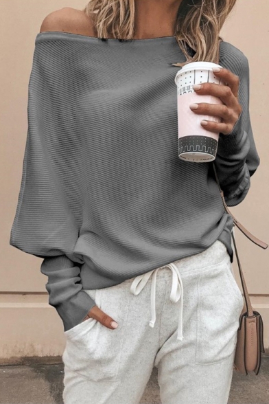Popular Fashion Solid Color One Shoulder Batwing Long Sleeve Casual Loose Sweater