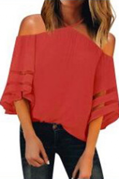 Popular Simple Plain Halterneck Cold Shoulder Organza Panel Sleeve Casual Loose T-Shirt