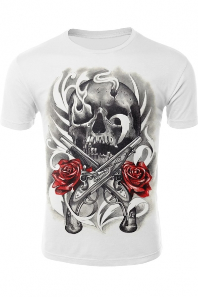 Rose Gun Skull Printed Round Neck Short Sleeve White Tee for Men