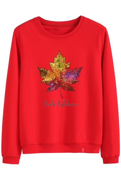 SHADE OF AUTUMN Letter Maple Leaf Printed Round Neck Long Sleeve Sweatshirt