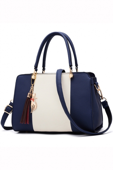 Stylish Color Block Tassel Embellishment Tote Handbag for Women 27*12*19 CM
