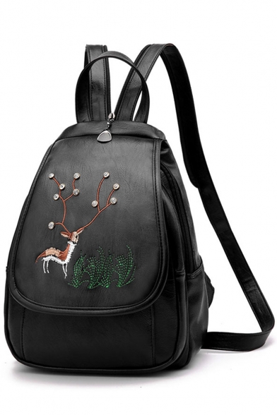 Stylish Deer Grass Embroidery Pattern Rhinestone Embellishment Black Casual Bag College Backpack 22*9*28 CM