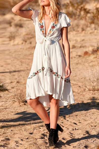 Summer Chic Floral Embroidery Sexy Plunged V-Neck Tied Waist Midi Cotton Ruffled Holiday Beach Dress