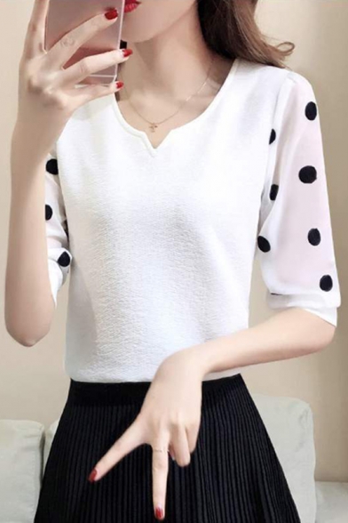 Summer Chic Polka Dot Printed V-Neck White Fitted Chiffon Top
