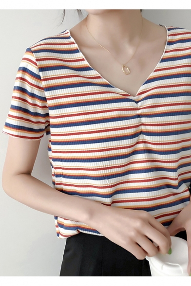 Summer Chic Ruched V-Neck Short Sleeve Striped Printed Loose T-Shirt