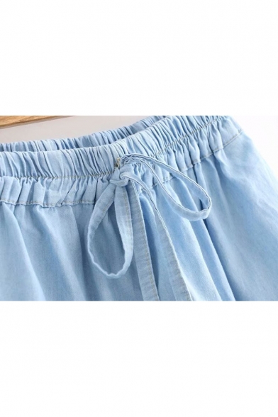 Summer Cute Fruit Embroidery Drawstring Waist Wide Leg Denim Blue Shorts