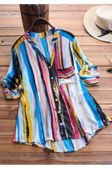 Summer Fashion Colorful Vertical Stripe Print V-Neck Half Sleeve Loose Fit Button Down Shirt