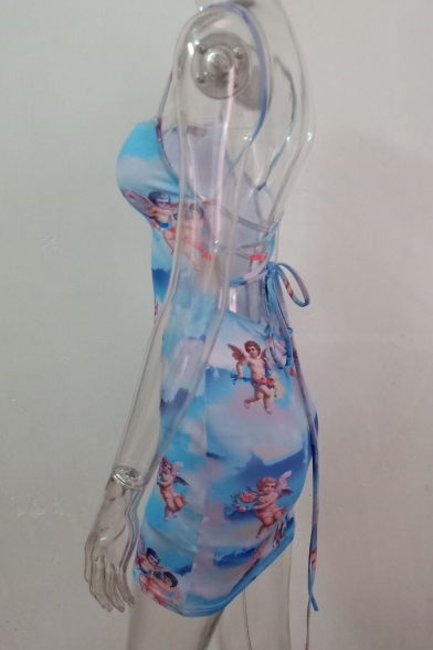 Summer Fashion Cute Angel Baby Printed Crisscross Back Mini Blue Bodycon Slip Dress