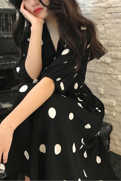 Summer Girls Vintage Black Polka Dot Printed V-Neck Half Sleeve Maxi A-Line Wrap Dress