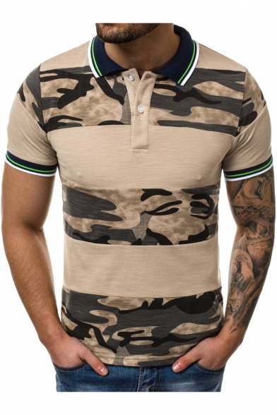Summer Men's Camouflage 3D Print Contrast Trim Tipped Collar Short Sleeve Slim Fit Polo Shirt
