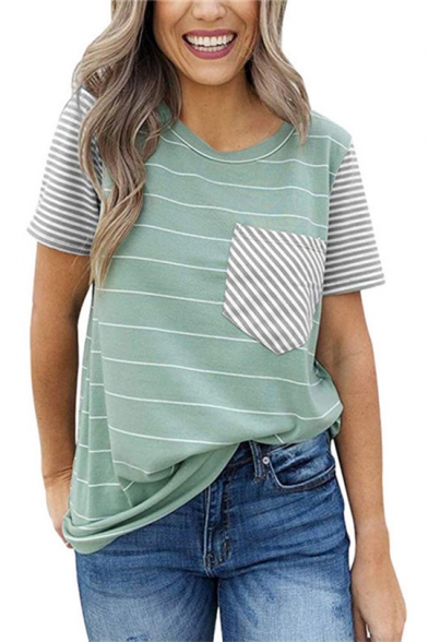 Summer New Stylish Striped Printed One Pocket Patched Casual Loose T-Shirt