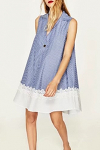 Summer Trendy Blue Striped Pattern Lapel Collar Sleeveless Chic Lace Patched Hem Mini Swing Dress
