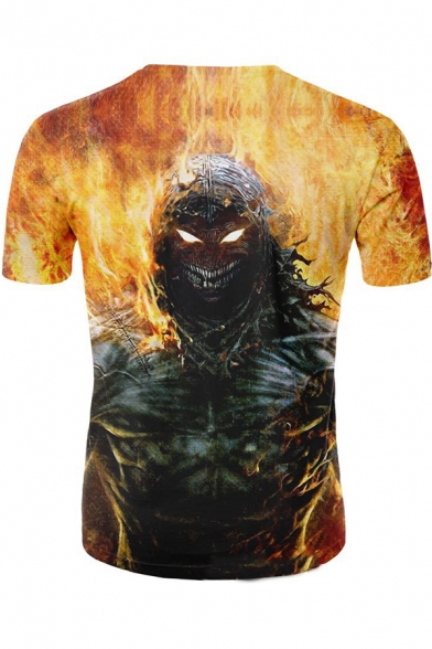 Summer Trendy Cool Fire Skull Pattern Round Neck Short Sleeve Regular Fit T-Shirt