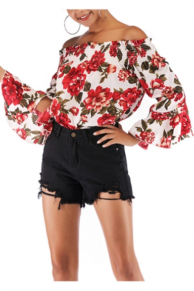 Trendy Chic Red Floral Pattern Off the Shoulder Flared Sleeve Chiffon Blouse