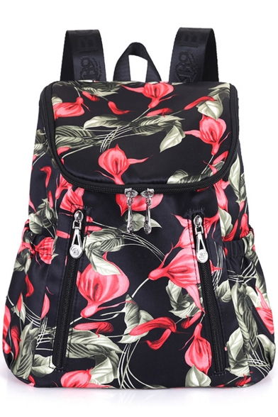 Trendy Floral Printed Double Zipper Embellishment Black Waterproof Nylon Casual Backpack 28*13*32 CM