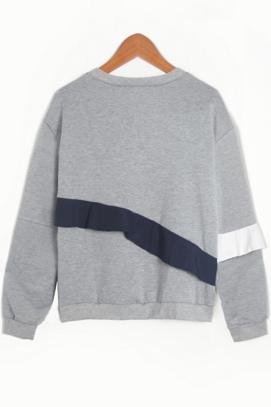Trendy Flutter Patched Basic Round Neck Long Sleeve Grey Casual Sweatshirt