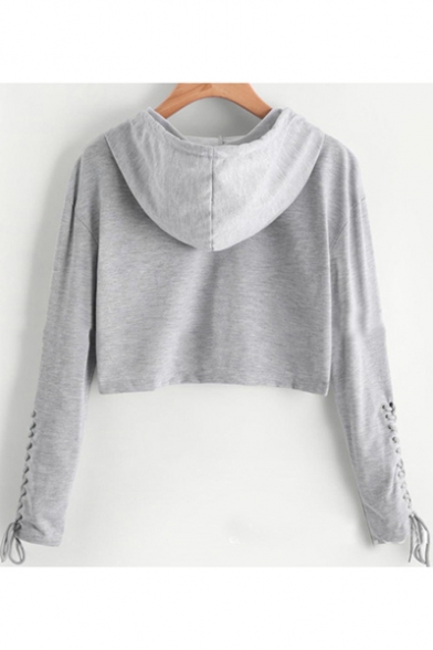 eyelet lace up sleeve crop sweatshirt