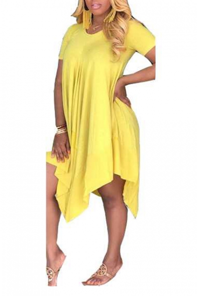 Trendy Solid Color Round Neck Short Sleeve Loose Asymmetric Midi Dress