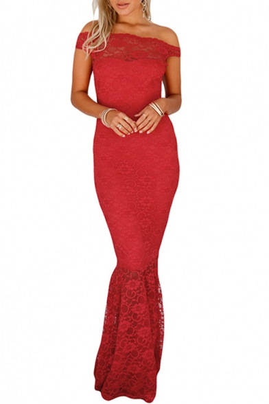 

Women' Elegant Off The Shoulder Plain Lace Patch Fishtail Hem Floor Length Bodycon Dress, Black;dark navy;pink;red;white, LM529548