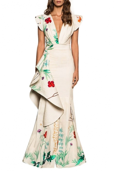 Women's Elegant Plunge Neck Cap Sleeve Floral Printed Ruffle Hem Evening Length Floor Dress