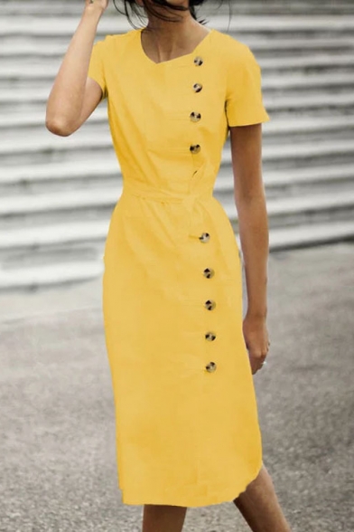 Women's Elegant Simple Plain Button Side V-Neck Short Sleeve Tied Waist Midi Sheath Dress