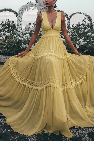Women's Fashion Sexy Plunge Neck Sleeveless Plain Lace Patch Floor Length Tank Yellow Dress