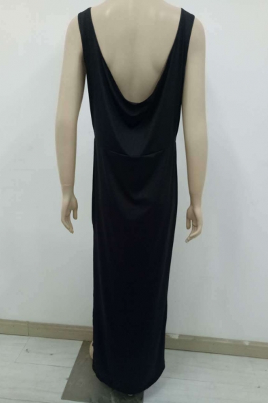 Women's Fashion Simple Plain Sleeveless Scoop Neck Backless Split Hem Tank Black Dress