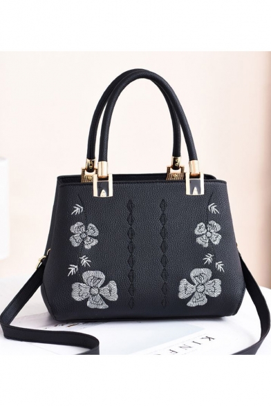 Women's Glamorous Floral Embroidery Pattern PU Leather Satchel Handbag 27*13*19 CM