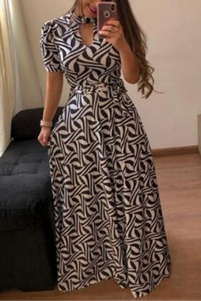 Women's Hot Fashion Halter Neck Short Sleeve Polka Dot Printed Belted Maxi A-Line Party Dress