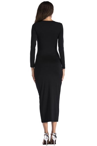 Women's Night Club Simple Plain Scoop Neck Long Sleeve Maxi Fitted Bodycon Dress