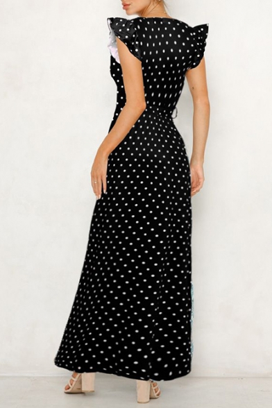 Women's Stylish V-Neck Cap Sleeve Polka Dot Printed Bow-Tied Waist Ruffle Hem Maxi Empire Waist A-Line Dress
