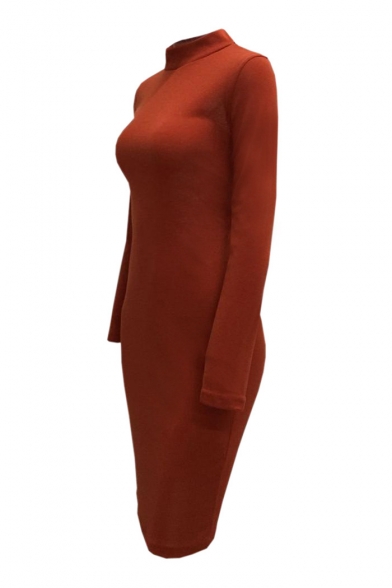 Women's Trendy High Neck Long Sleeve Sexy Hollow Out Crisscross Back Plain Orange Midi Pencil Dress