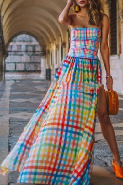 Women's Trendy Off The Shoulder Rainbow Plaid Printed Split Side Maxi Swing Chiffon Dress
