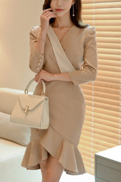 Women's Trendy Plain V-Neck Long Sleeve Ruffle Hem Midi Sheath Apricot Dress