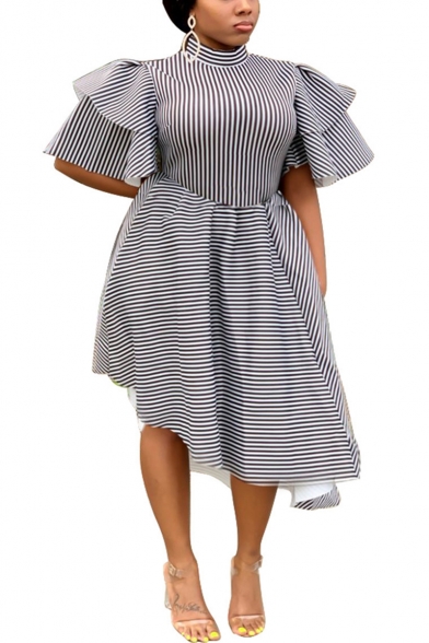 Women's Unique Blue And White Stripes Layered Ruffle Short Sleeve Collared Midi Asymmetric Dress