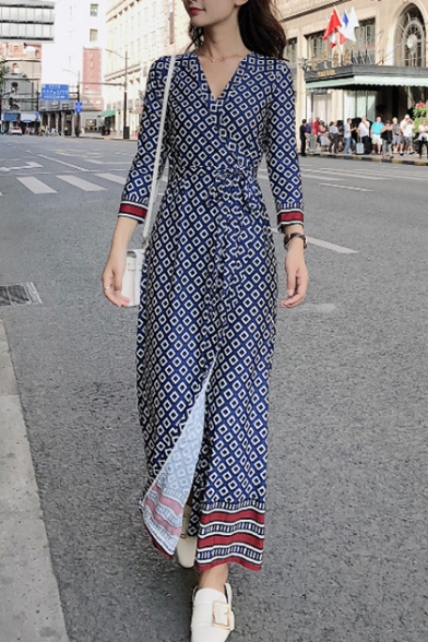 Women's Vintage V-Neck Long Sleeve Geometric Printed Split Side Maxi A-Line Blue Dress