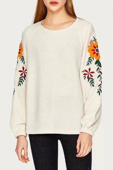Womens Chic Floral Embroidery Long Sleeve Round Neck Casual Loose Beige Sweatshirt