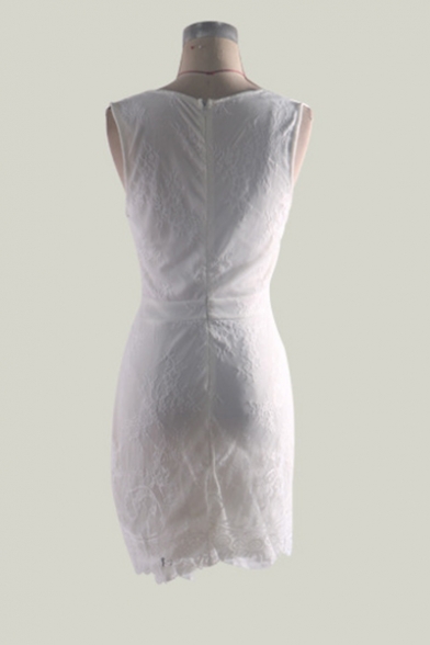 Womens Chic Lace Panel V-Neck Sleeveless Tied Waist Mini White Sheath Dress