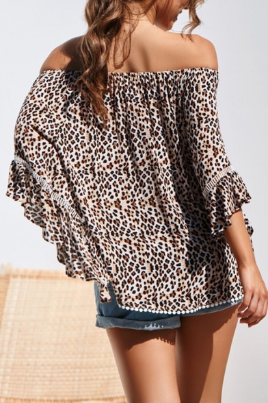 Womens Classic Fashion Leopard Printed Off the Shoulder Flared Sleeve Khaki Blouse