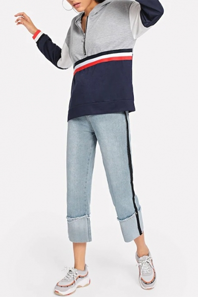 Womens Cool Color Block Simple Stripe Printed Long Sleeve Half-Zip Light Grey Hoodie