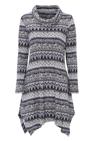 Womens Ethnic Printed Cowl Neck Long Sleeve Asymmetric Hem Sweatshirt