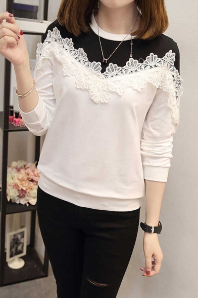 Womens Lace Patchwork Colorblock Round Neck Long Sleeve Sweatshirt